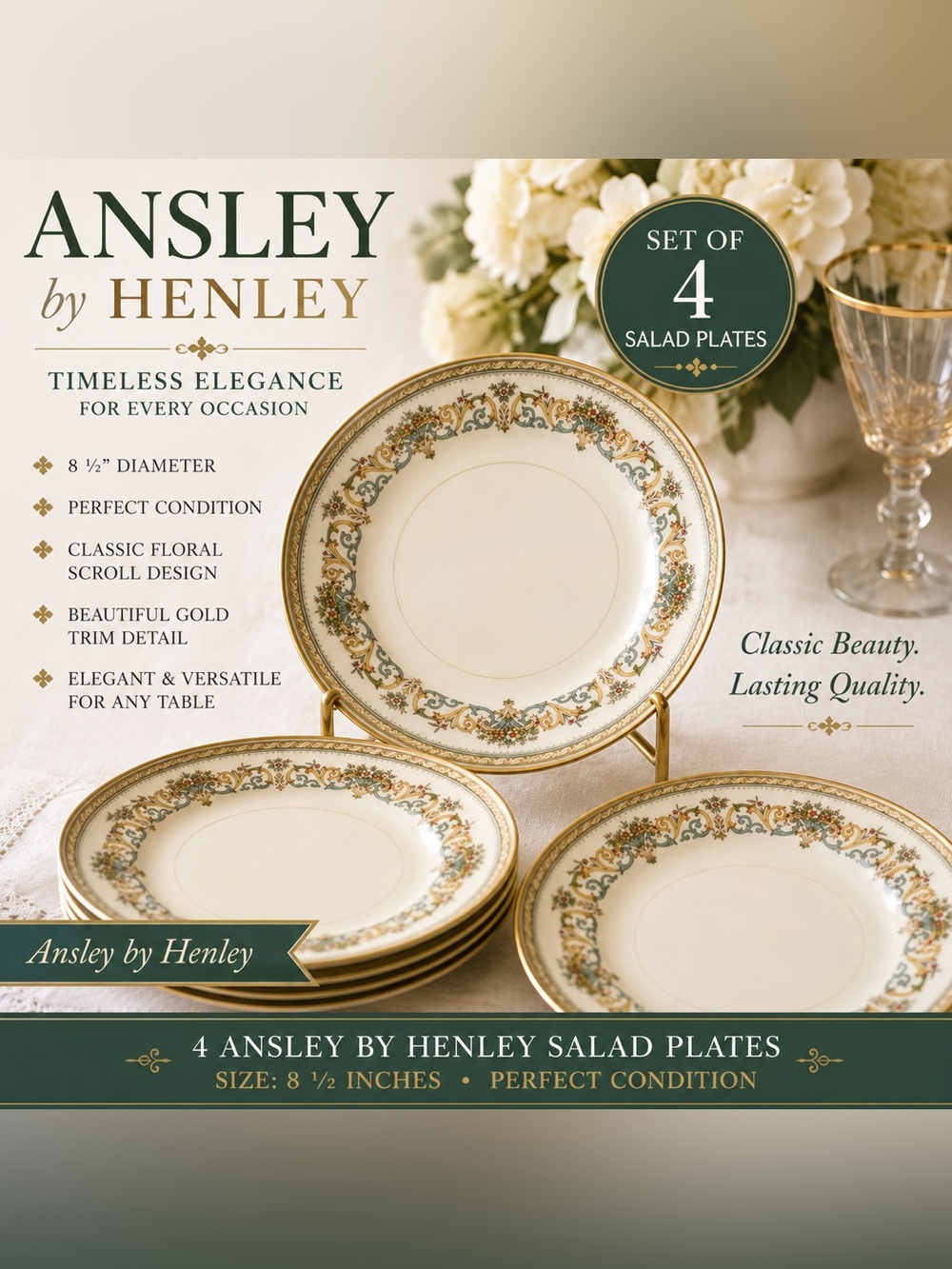 Henley by Ansley Floral Cream  Salad plates with Gold Trim , set of 4